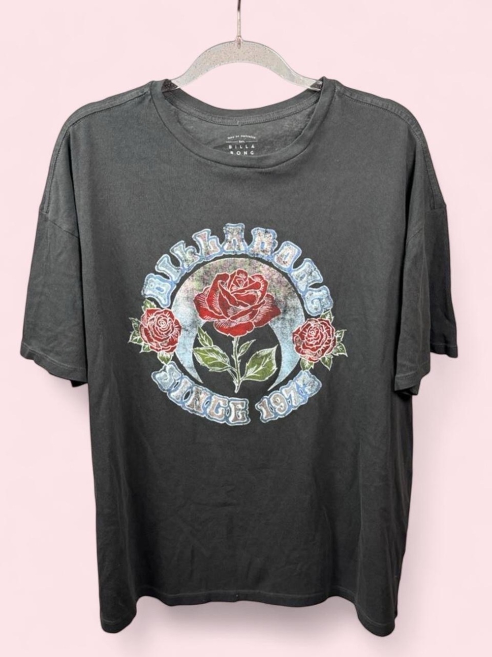 Like New Billabong Black Tee with Red Rose Graphic SZ M